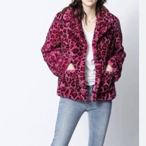 Zadig & Voltaire Lila Leopard Jacket XS Pink Black Faux Fur Button Front - Picture 2 of 12